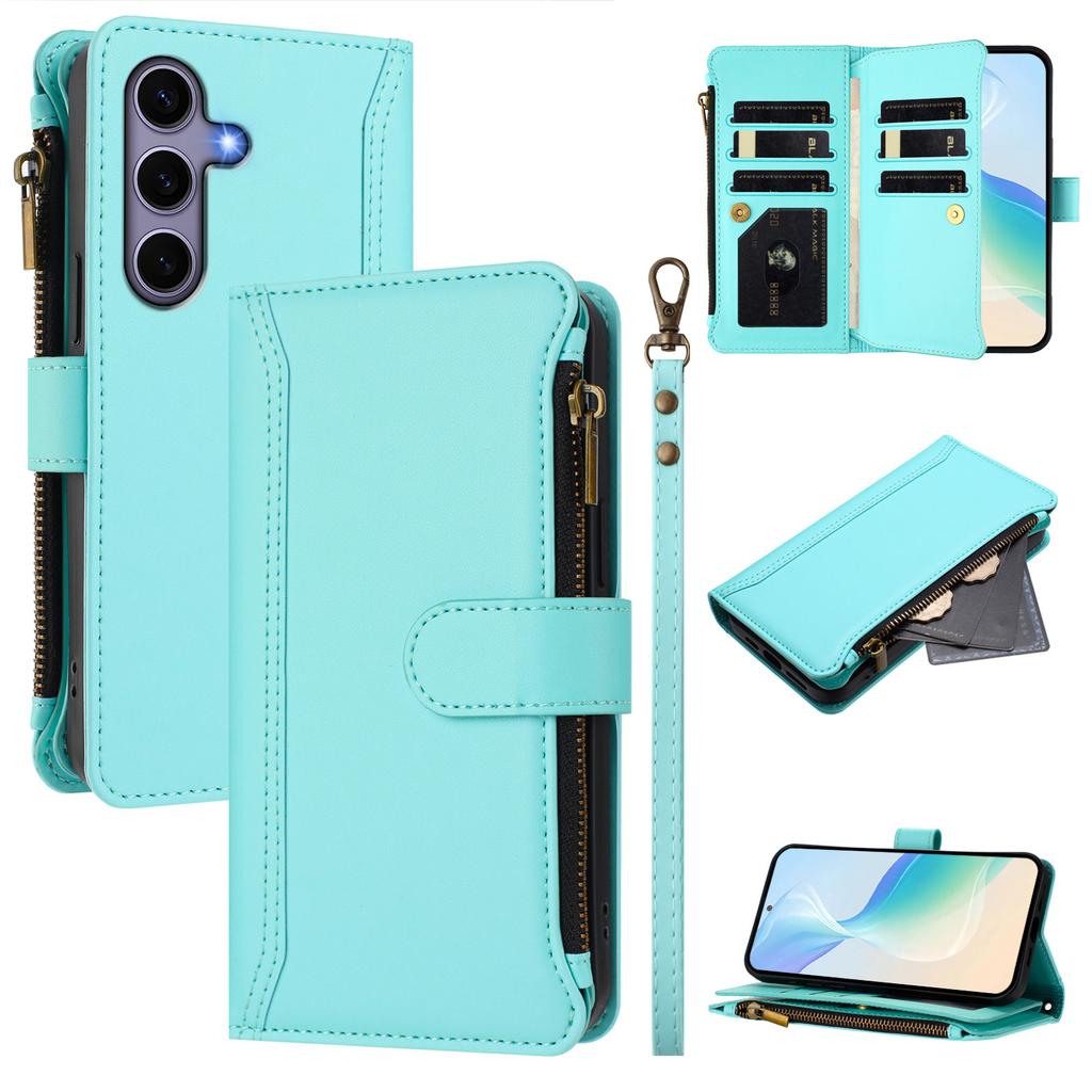 For Samsung Galaxy S24/Galaxy S25 Leather Case 9 Card Slots Zipper Wallet Stand Phone Cover with Wrist Strap