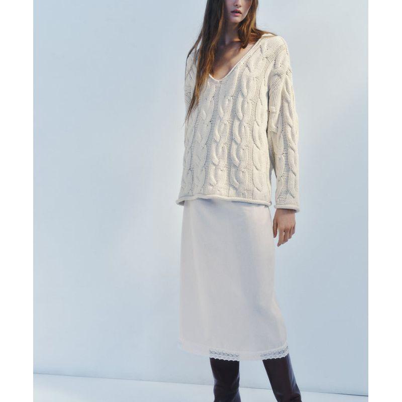 Za Autumn New Pullover Sweater Women's Loose and Lazy Style Curling V Neck Eight-Strand Woven Knitwear 4331123