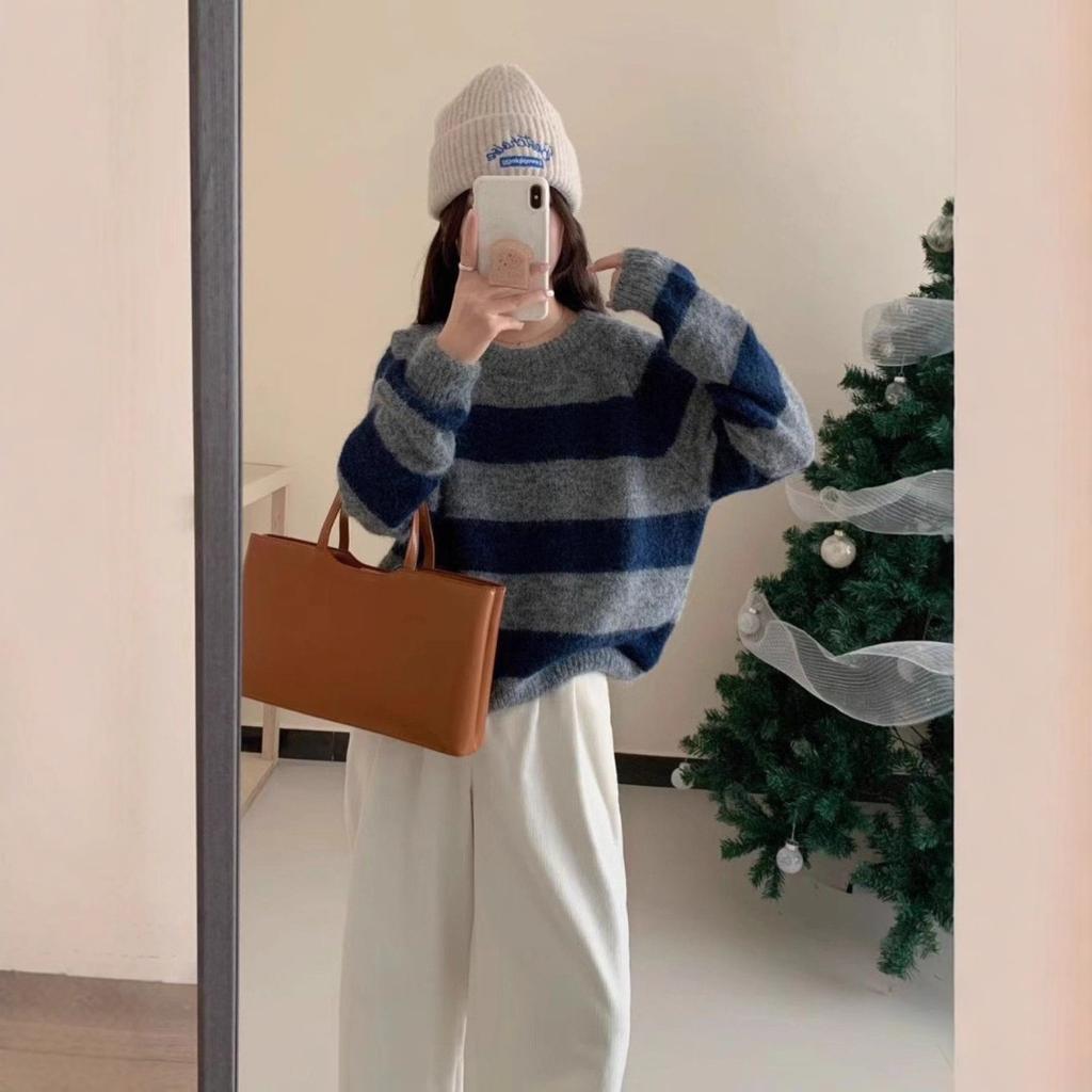 Lazy Wind Autumn and Winter Striped Pullover for Women's Autumn and Winter New Wear Loose Knitted Sweater for Women