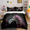3Pcs Black Horse with Pink Flowers Bedding Set, Equestrian Fantasy Print Duvet Cover + 2 Pillowcases, Romantic Decor