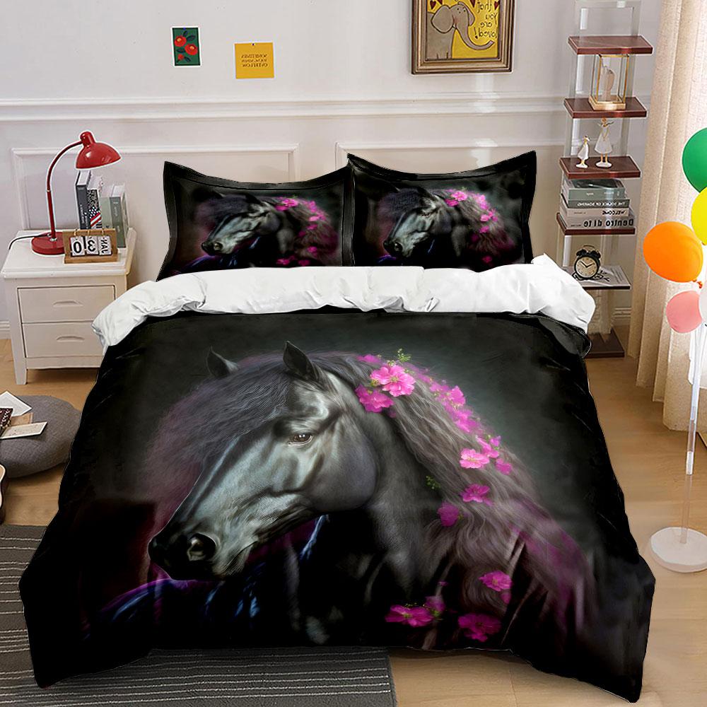 3Pcs Black Horse with Pink Flowers Bedding Set, Equestrian Fantasy Print Duvet Cover + 2 Pillowcases, Romantic Decor