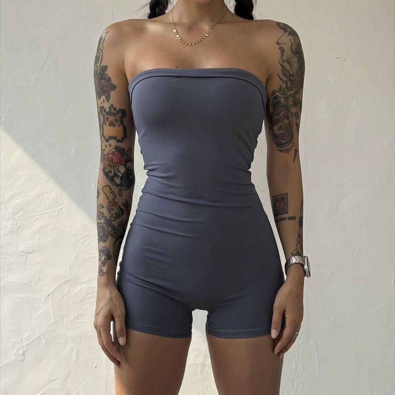 

Europe and America Cross Border with Chest Pad Anti-Slip Bar Nude Feel Tube Top Shorts One-Piece Fitness Yoga Training Running Sports Female Pure Blue and Gray M