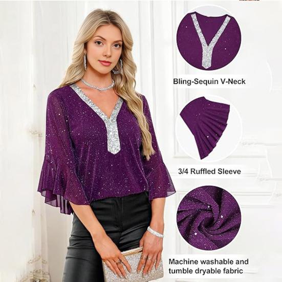 Damskie Topy z Falbankami i Rękawem 3/4 Błyszczące cekinowe z Dekoltem V Codzienna Bluzka Jesień Lato Eleganckie Błyszczące Koszule do Ślubu Biznesu Pracy