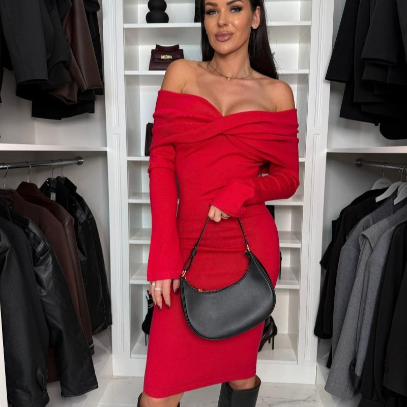 Autumn and Winter Long Sleeve Slash Neck Sexy Dress Women High Waist Slim Casual Dresses Women Solid Elegant Vintage Party Club Pencil Dress 25611