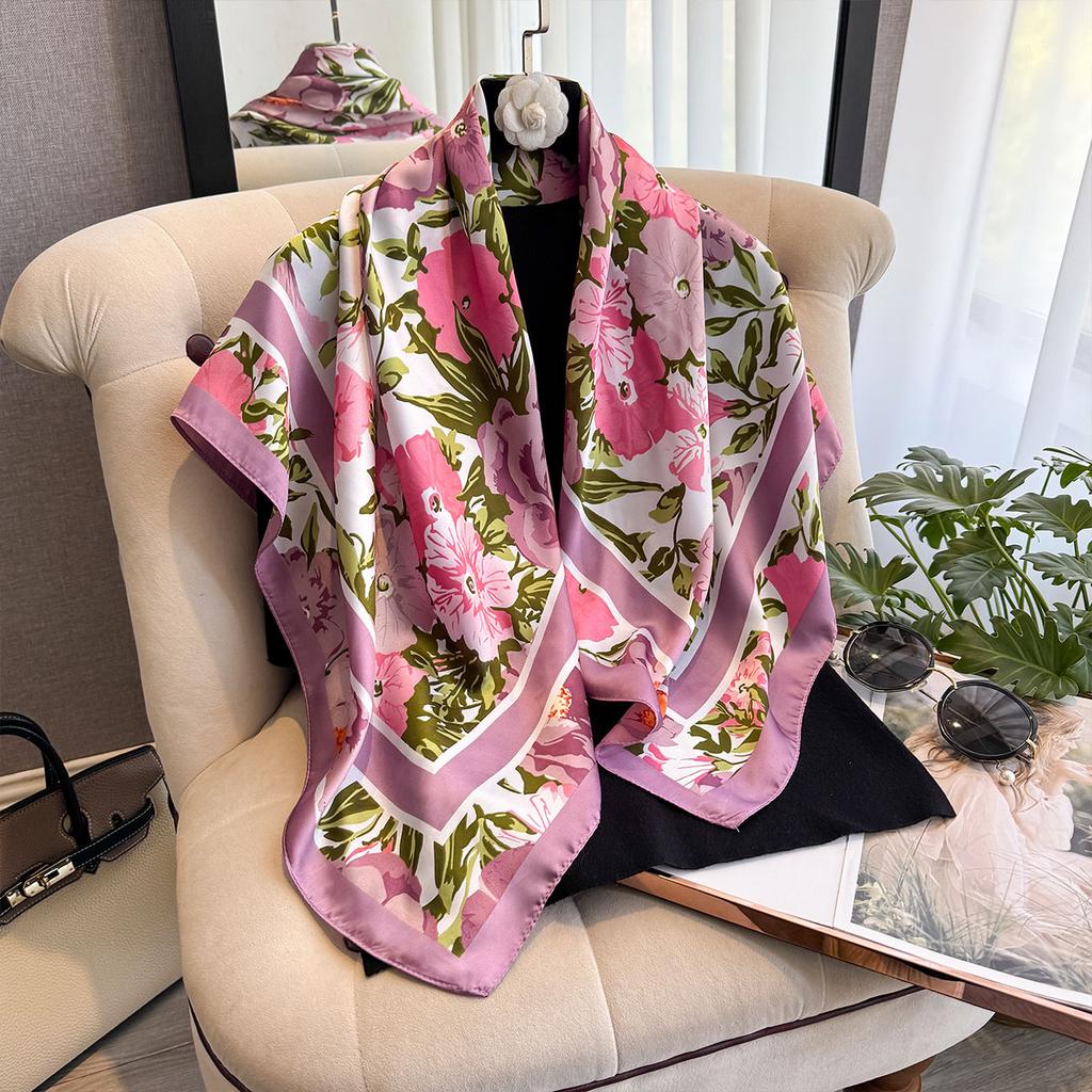 Spring And Summer Fashion Luxury Printing 90*90Cm Women Scarf Satin Square Shawl Elegant Headscarf Beach Sun Protection Bandana