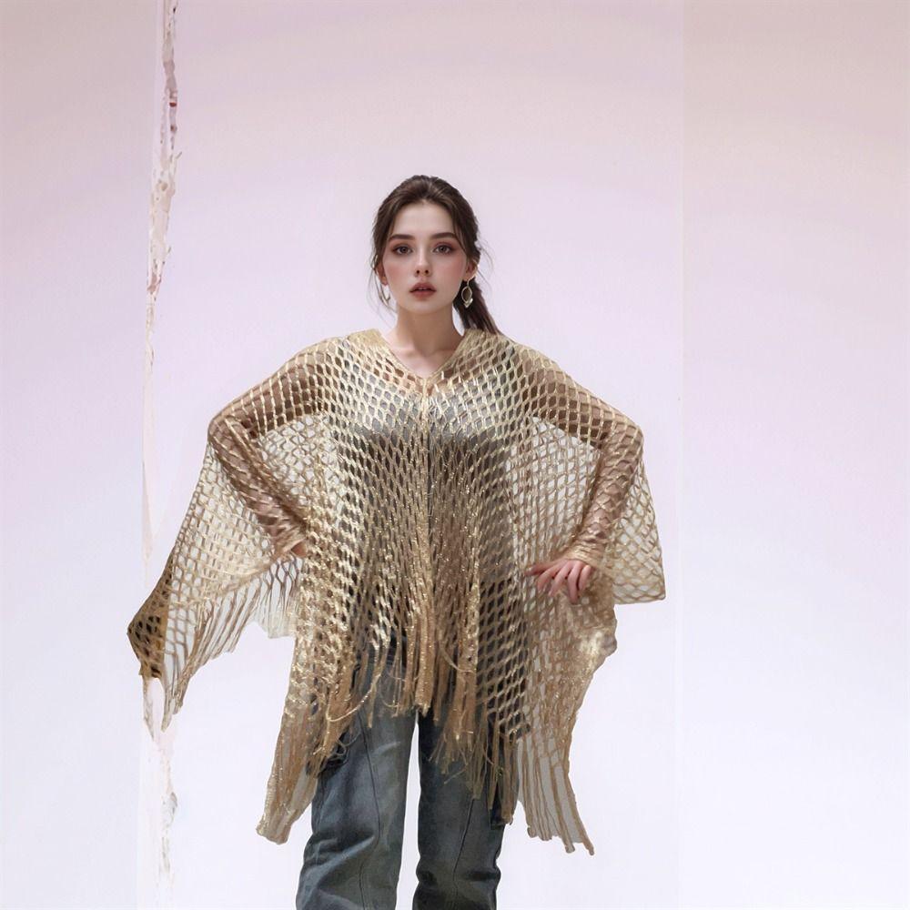 Comfortable Tassel Sunscreen Cover-up Crochet Plus Size Knit Hollow Out Top Loose Fit Casual Bohemian Shawl Lady