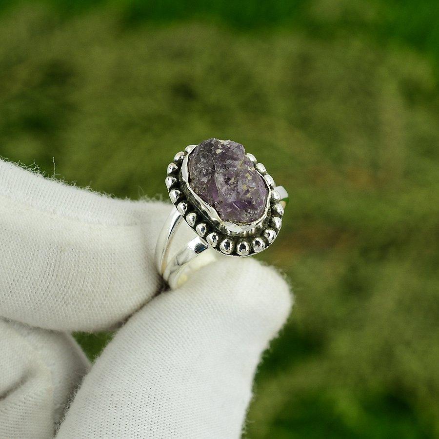 Wedding Gift For Her 925 Silver Natural Amethyst Rough Multi Stone Ring Size 7 7