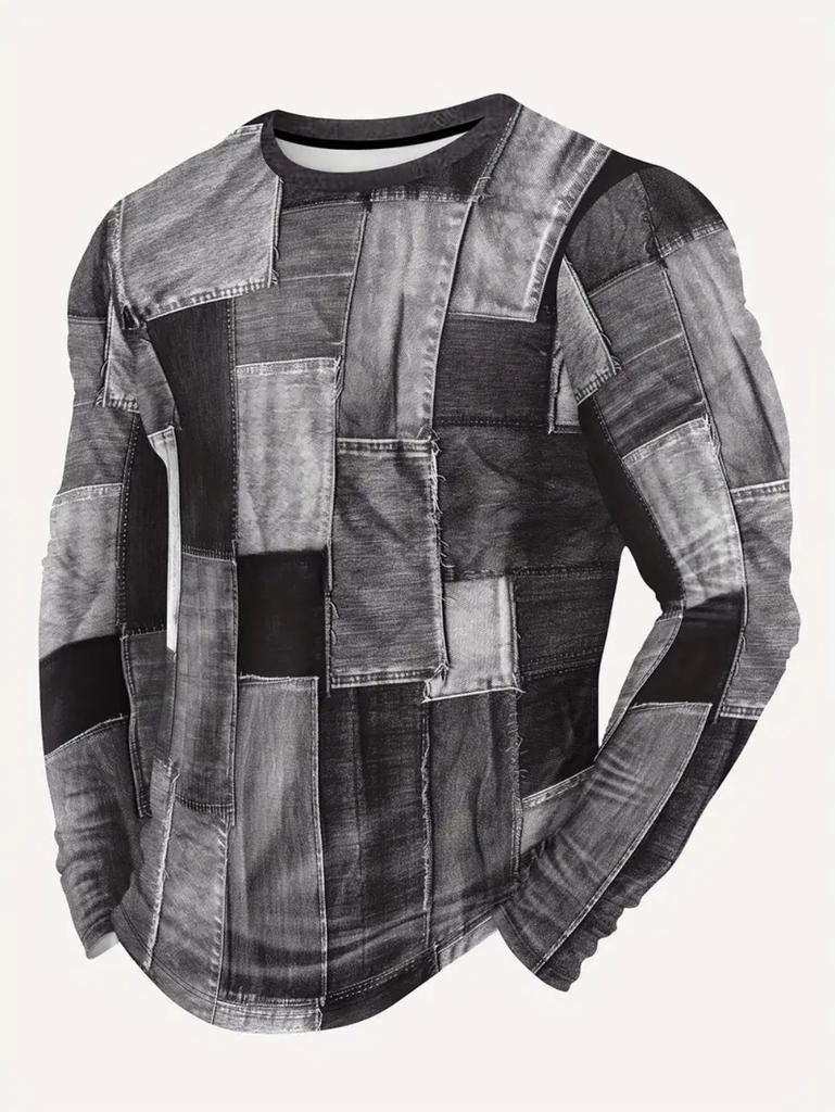 Vintage T-Shirt for Men Patchwork Grid Graphic T Shirts 3D Print Long Sleeve Tee Oversized Man Clothing Tops Creative Clothing