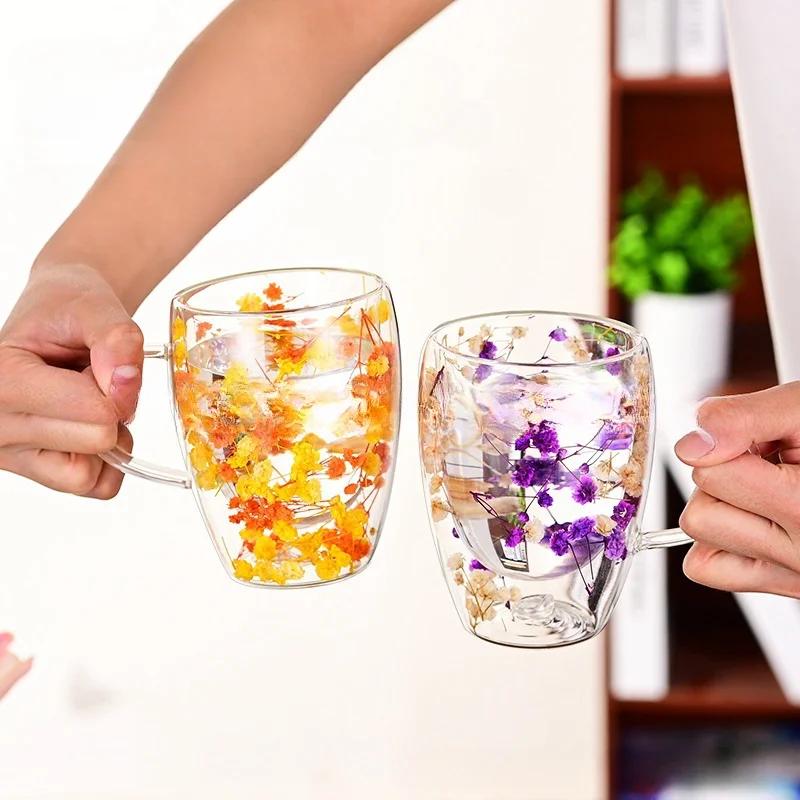 Dried Flower Double Walled Glass Mug 350ml Coffee Mug with Dry Flowers Decorative and Creative Flower Mug Double Wall Flower Cup