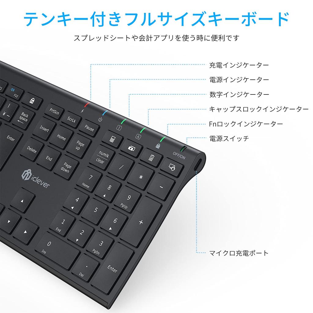 iClever Wireless Keyboard, 2.4G, Japanese JIS Layout, Ultra-Slim, Type-C Rechargeable, Full-Size Keyboard with Numeric Keypad, for PCs (Receiver
