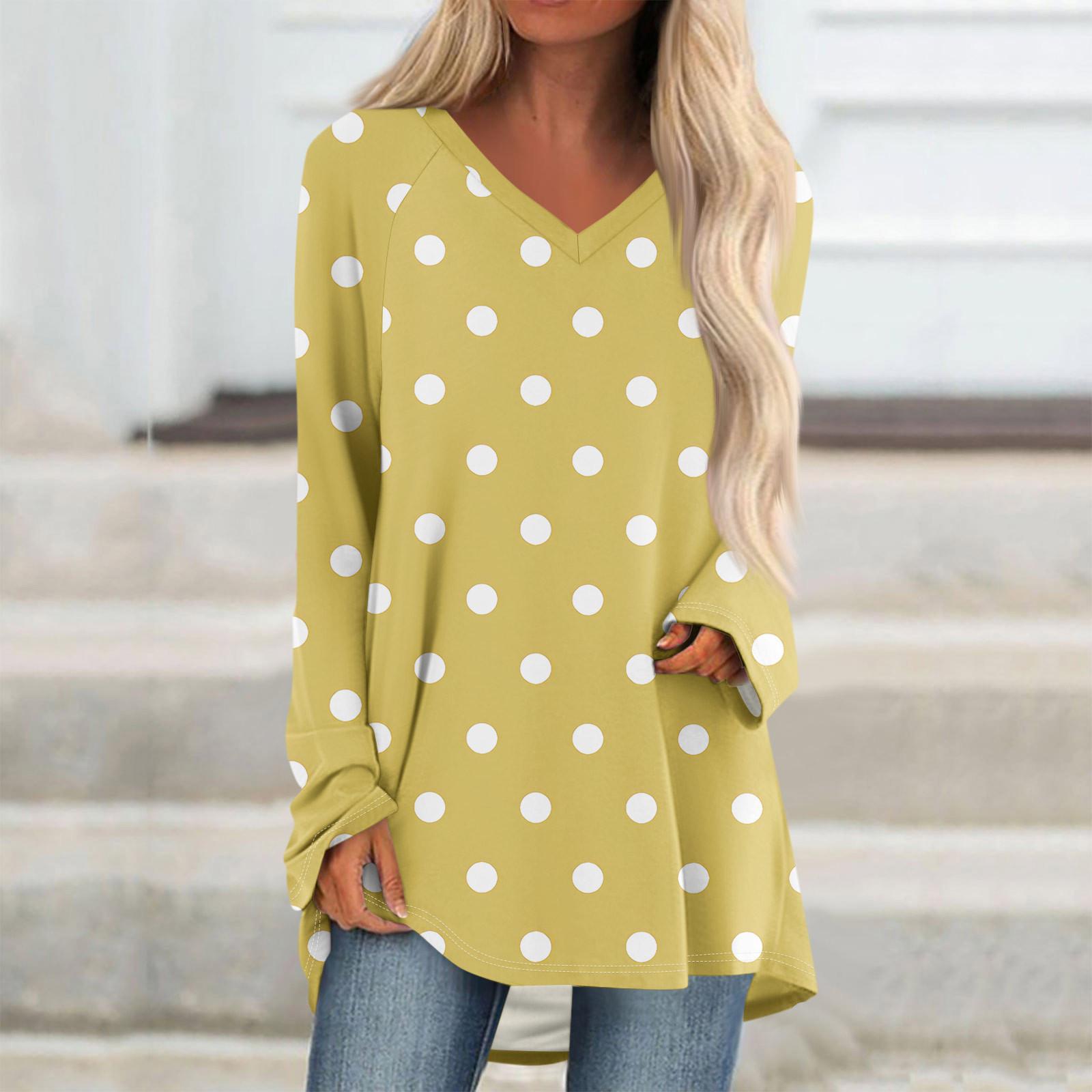 

Женская осенне-зимняя повседневная длинная свободная футболка с v-образным вырезом и длинными рукавами и принтом M жёлтый