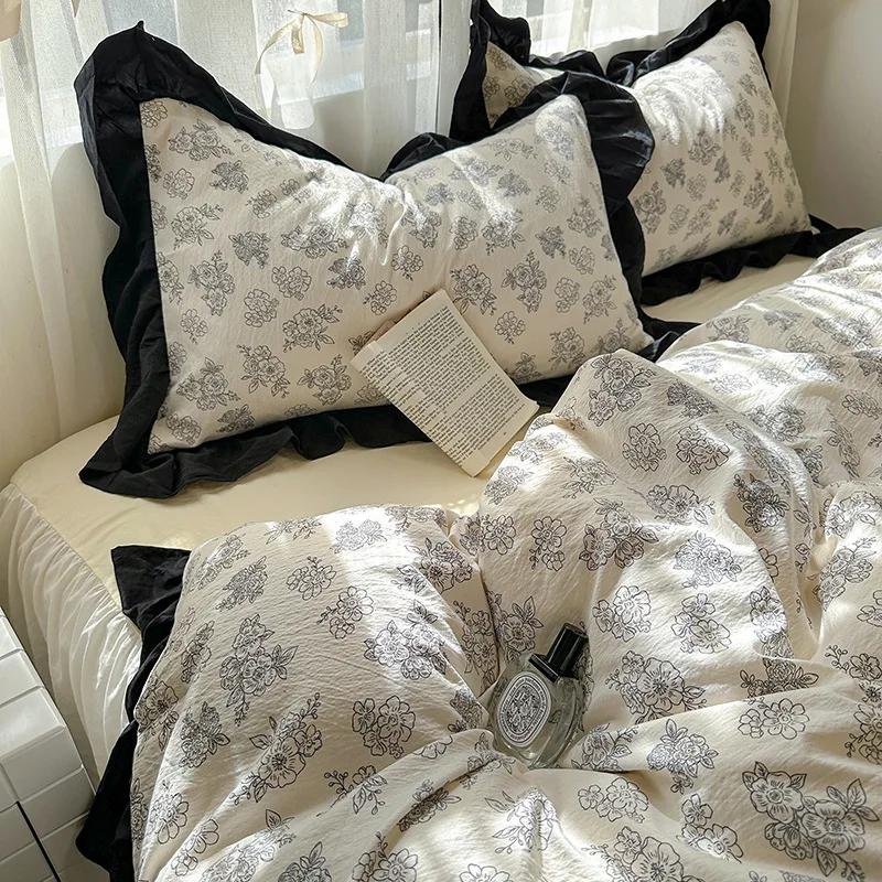 1.5/1.8 Korean Style 100% Cotton Fitted Sheet Sets with Lace Flower Print Bedding Set for Seasons Home Bedclothes for Adult Kids