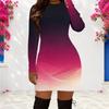 Women Plus Size Round Neck Long Sleeve Gradient Printed Bodycon Mini Dress