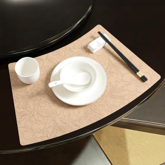 Artificial Leather Placemats Oil Resistant Chinese Style Engraved Flower Pattern Fan-Shaped Placemats Dining Table Decor