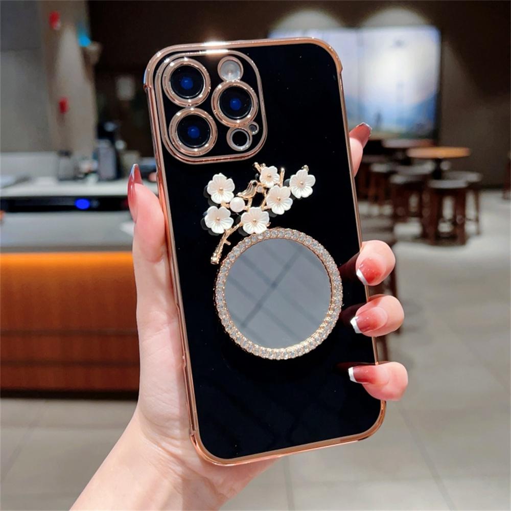 

For iPhone 16 Pro Case with Plum Blossom Mirror Electroplating Edge Heart Pattern TPU Phone Cover Black
