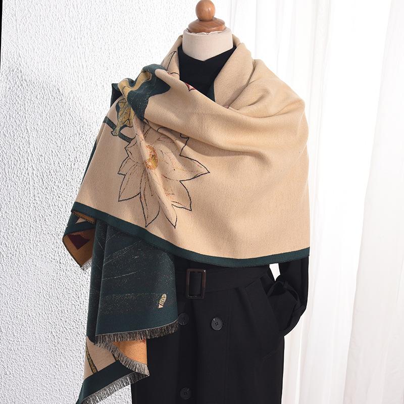 Fashion lotus printing temperament Hanfu with shawl autumn and winter retro imitation cashmere warm scarf