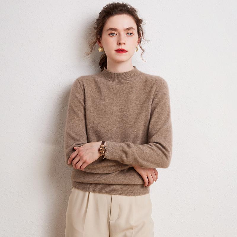 Women's Pure Cashmere Semi-High Neck Sweater - Autumn/Winter High-Quality Knit Base Layer
