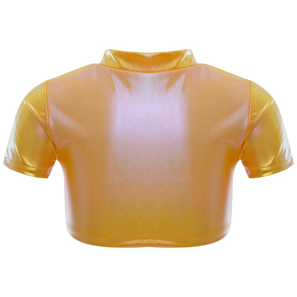 Girls Jazz Dance Top Metallic Short Sleeve Round Neck Crop Tee for Cheerleading Stage Performance