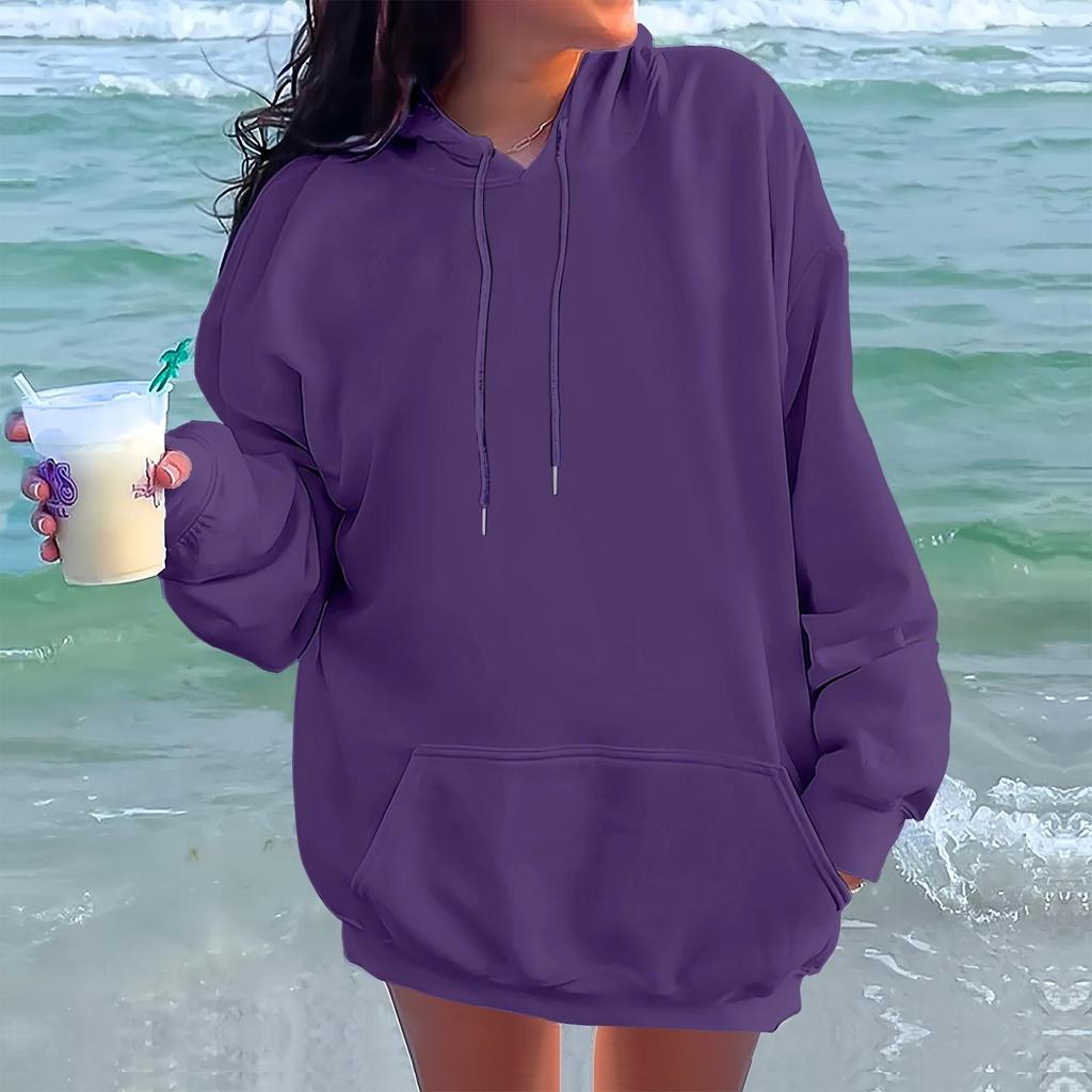 Ladies' Fashionable Casual Long Sleeved Round Neck Hooded Solid Color Hoodie With Threaded Thread