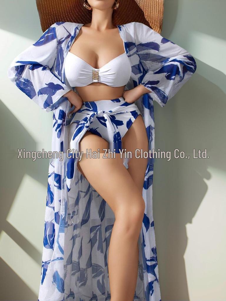 Women's High Waist Bikini 3-Piece Set with Long Shirt - European & American Style 2025 Swimwear