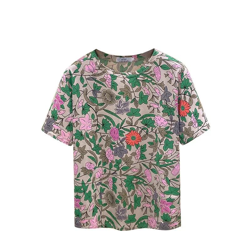 Plus Size Women's T-Shirt Short Sleeve Printed Loose Slimming Summer Korean Style Cotton Crew Neck Top for Outer Wear
