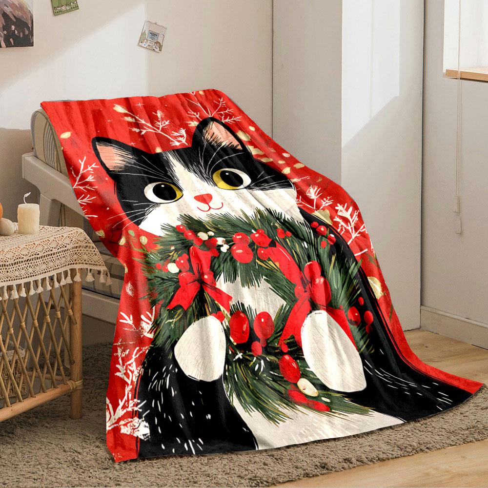 Festive Cat with Wreath for all seasons blanket lunch break throw gift