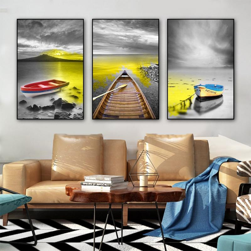 SJÄLVÖSIGt Nordiskt Guld Bergsjö Båt Väggkonstaffisch Canvastryck Måla Skandinavisk Natur Landskap Modern heminredning