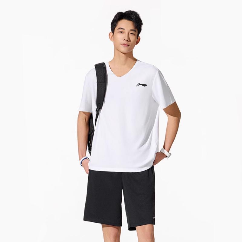 Seria Tenisa Stołowego Li Ning Jednokolorowy T-shirt z dekoltem w serek Oddychający z krótkim rękawem Szorty ze średnim stanem Zestaw sportowy casualowy Zestawy unisex AATV055-2