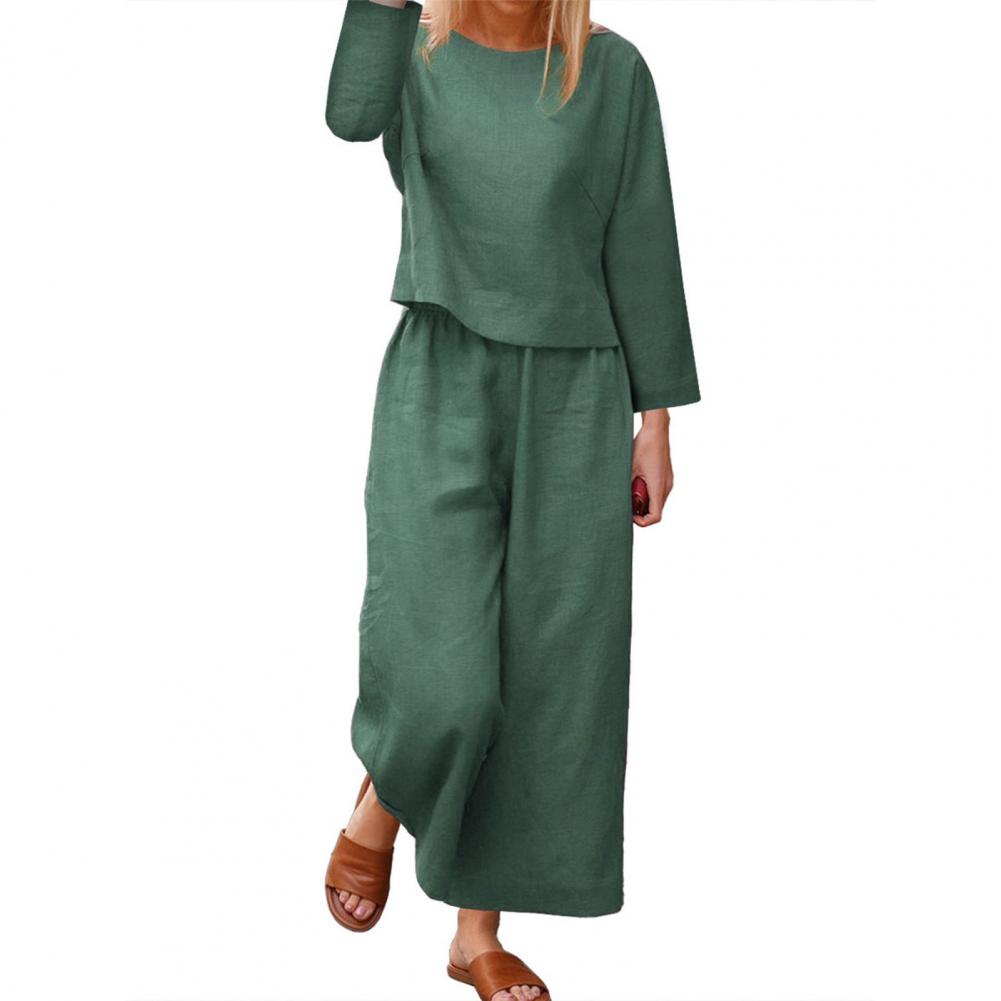 Spring Top Pants Suit Elegant Women's Top Pants Set with Long Sleeves Round Neck T-shirt Elastic Waist Trousers Stylish for Fall