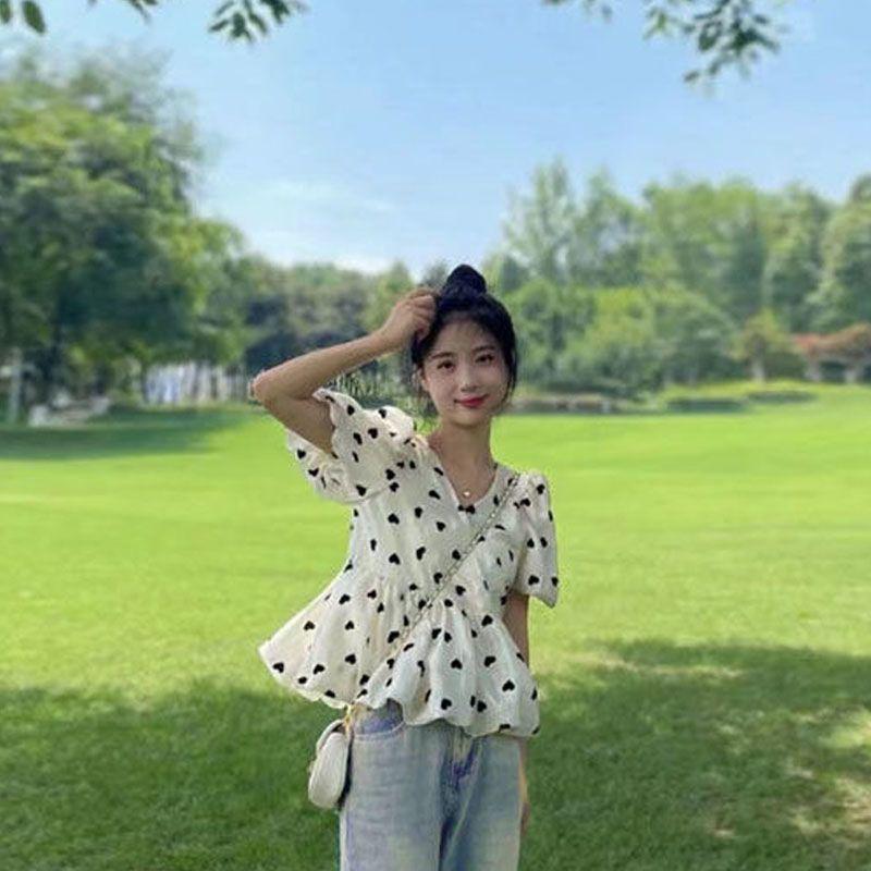 

2026 Summer Salt-Style Ensemble: Puff Sleeve Chiffon Shirt & Ripped Raw Hem Jeans Set S (suggested 40-50 kg)