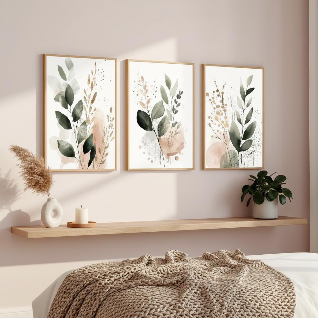 Set di Pitture ad Acquerello di Foglie di Eucalipto per Parete, Stampe su Tela Botaniche Color Salvia Rosa Blush Neutro, Decorazioni per la Casa Minimaliste Boho