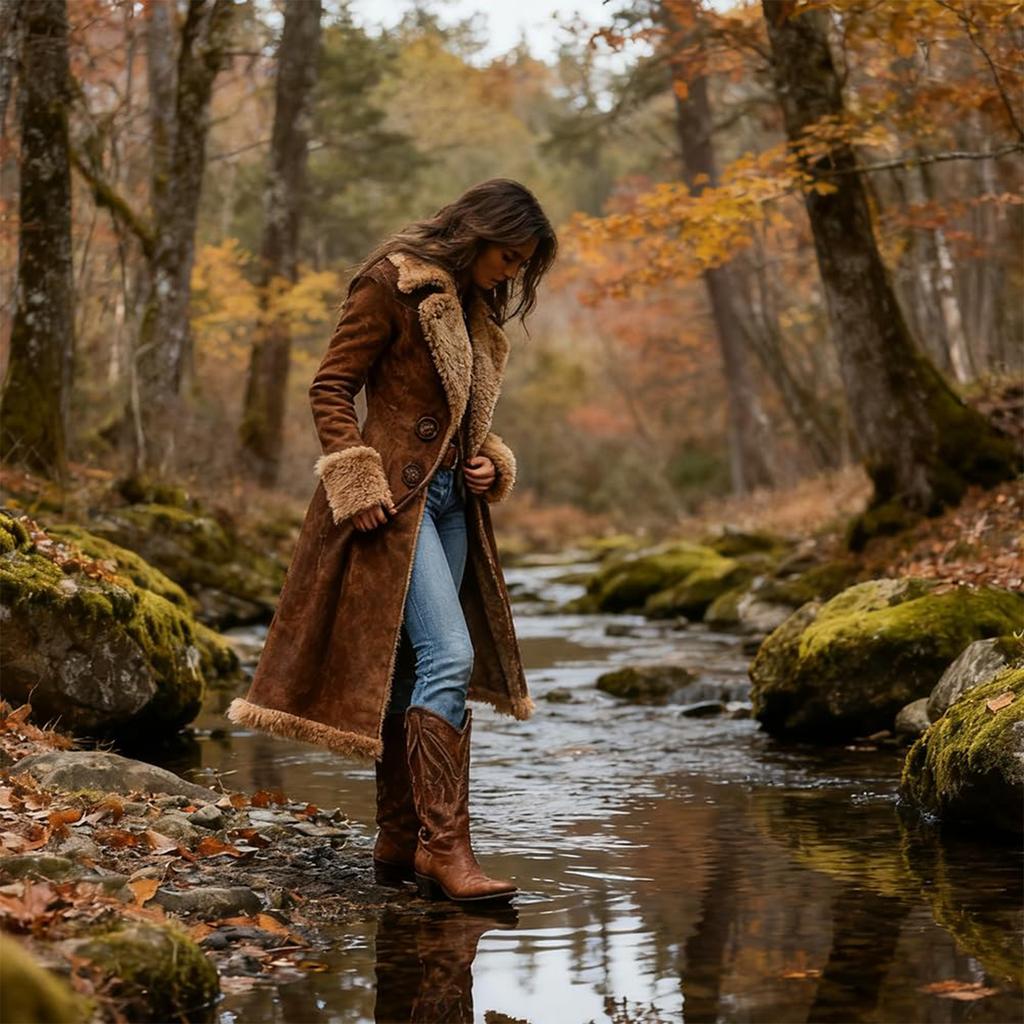 Dames Denim Western Retro Trenchcoat, Pluche Mode En Warmte, Jas