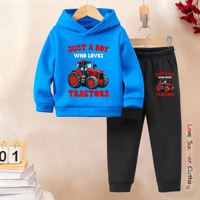 2pcs Boys Hoodie Set Motorcycle Excavator Road Car Thermal Long Sleeve Sporty Pants Hoodie Set Gift Ideal Daily Outdoor Wear