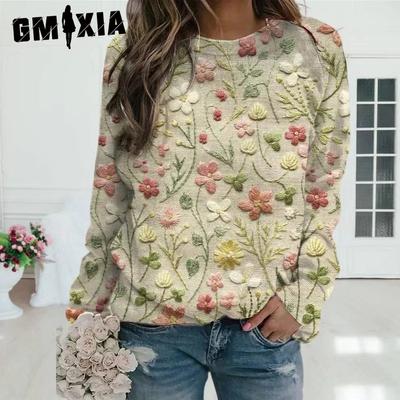 Printed Women's Sweater Pattern Pullover Sweater Casual Loose Long Sleeve Knitted Top