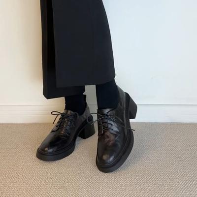 Cowhide Version~ British Style Retro Platform High-heeled Loafers Women's and British Versatile Height-increasing Round Head Lace-up Small Leather Sho