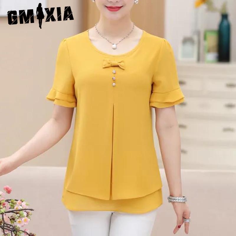 GMXIA Women's Fashion Casual Solid Color Print Short Sleeve O Neck Blouses & Shirts