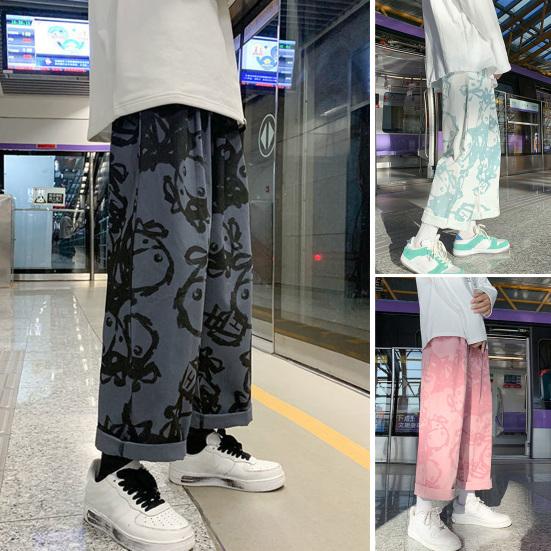 Mid-rise Elastic Waistband Drawstring Pockets Men Pants Cartoon Print Straight Wide Leg Pants Streetwear