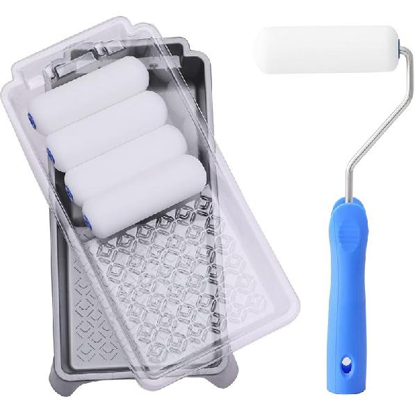 Mister Rui Foam Paint Roller, 4 Inch Paint Roller 8 Pack, Small Paint Roller, High Density Foam Paint Roller Tray and Liner Set, Sponge Rollers for