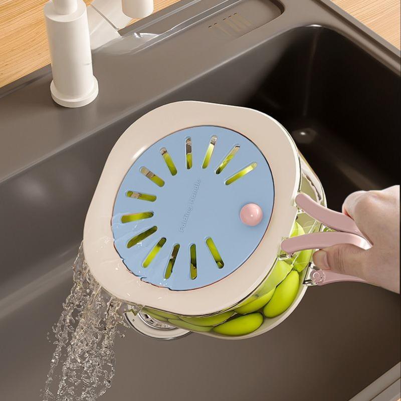 

Dust-Proof Fruit Drainer Basket -Hidden Folding Handle Drain Switch Expandable 2-In-1 Thickened Dewatering Dishwashing Basket синий