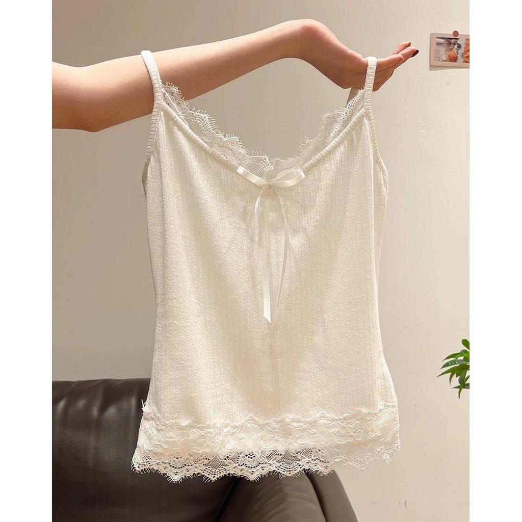 Women's Plus Size Cotton Lace Bow Camisole - Slim Fit Spring/Summer Layered Tank Top