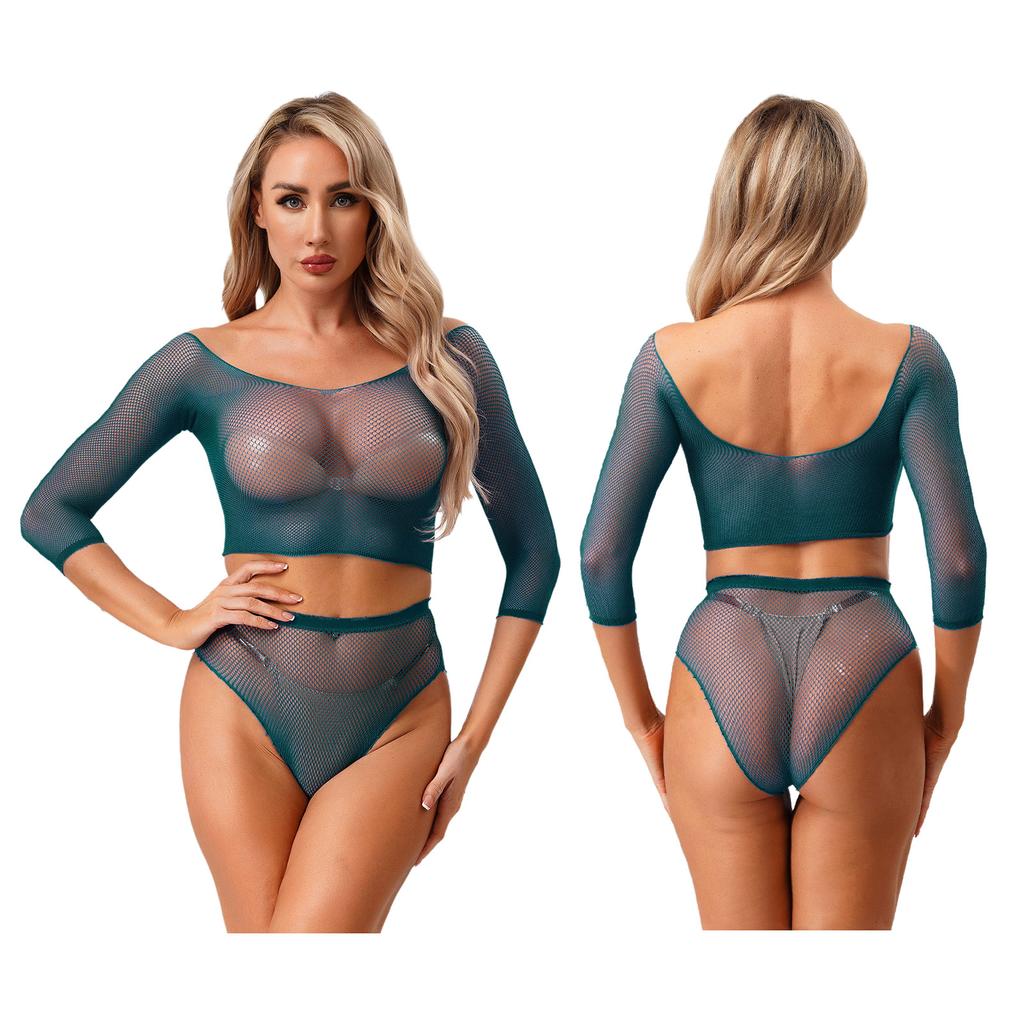 Sexy Women Lingerie Fishnet Top Briefs Set See Through Bikini Cover Couples Role Play Costume Tempting Outfit