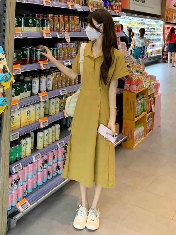 Polo Collar Split-ended Dress for Women's Summer Niche Design Sense, Waist and Thin Medium and Long French Short-sleeved A-shaped Skirt