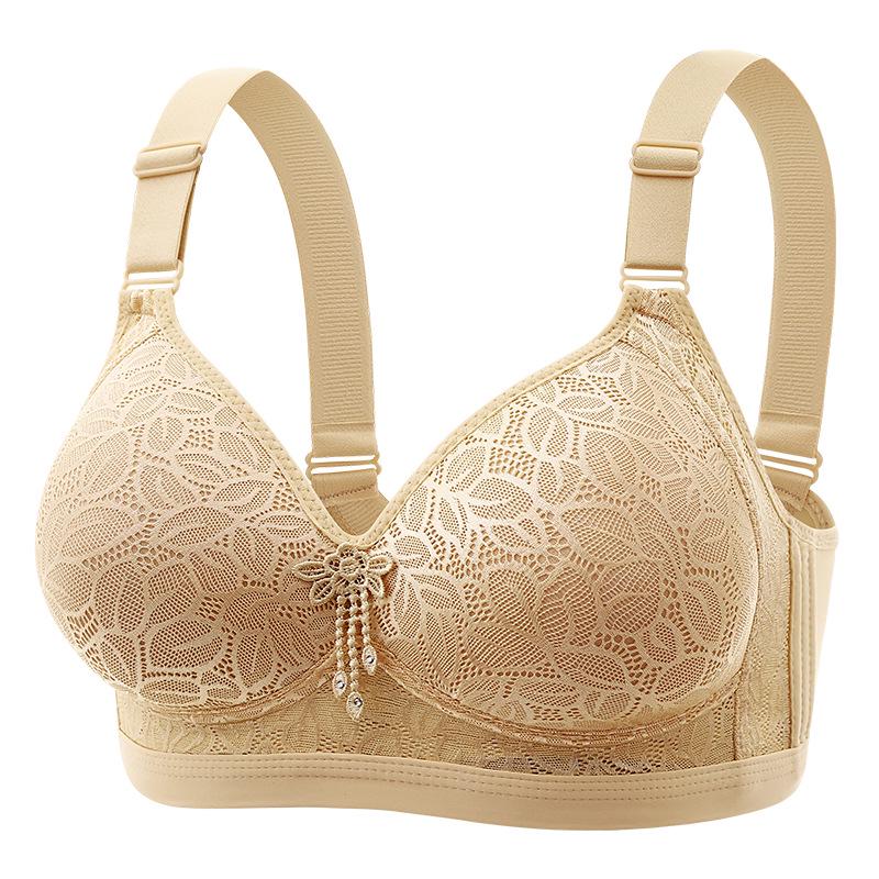 Popular Lace Underwire Bra for Plus Size Middle-Aged Women - Fixed Cup, Four-Row Hook-and-Eye, Thin Cotton Gathering Support.