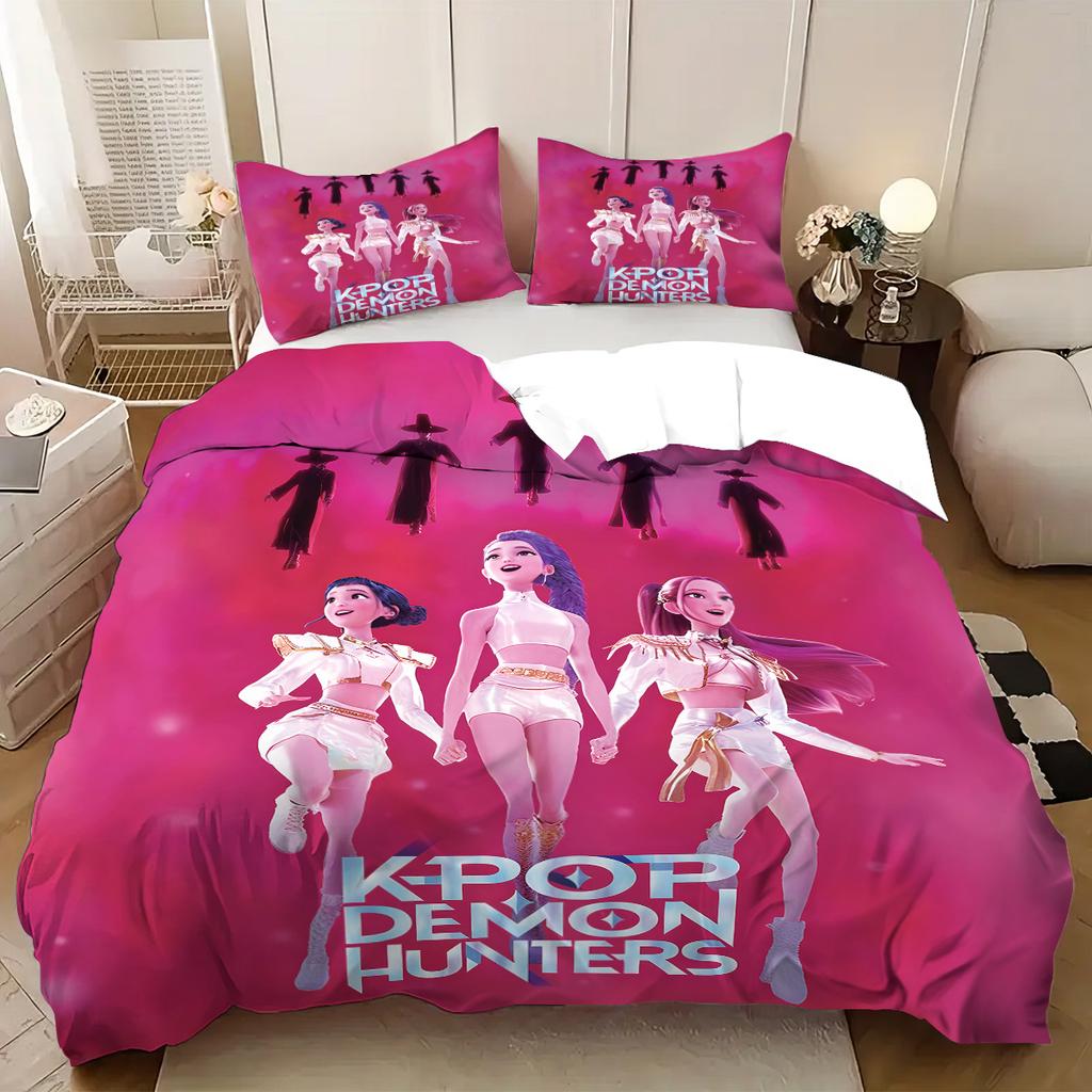K-Pop Dämonenjäger Themen Bettwäsche Set Bunter Druck Polyester Studentenwohnheim Bettlaken Bettbezug Kinder Geschenk Heimtextil
