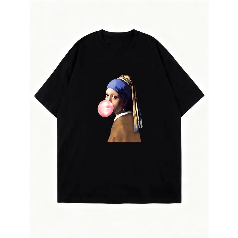 Γυναικείο Casual T-shirt Λευκό Κορίτσι Με Σκουλαρίκι Μαργαριταρι Φυσάει Τσίχλα Εκτύπωση Καλοκαιρινό Μόδας Κορυφή Για Καθημερινή Χρήση Και Εξόδους