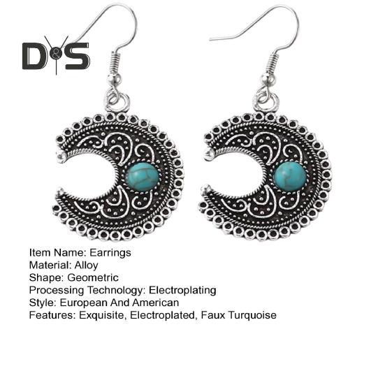 1 par kvinner dingler øredobber etnisk halvmåne form retro bohemsk stil faux turkis rustfri legering ørepynt smykker langhengende øredobber