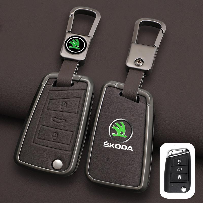 XOWS7 Zinc Alloy Leather Car Remote Key Case Cover Protector Shell Fob For Skoda Superb A7 Kodiaq Octavia A7 A8 Keychain Accessories