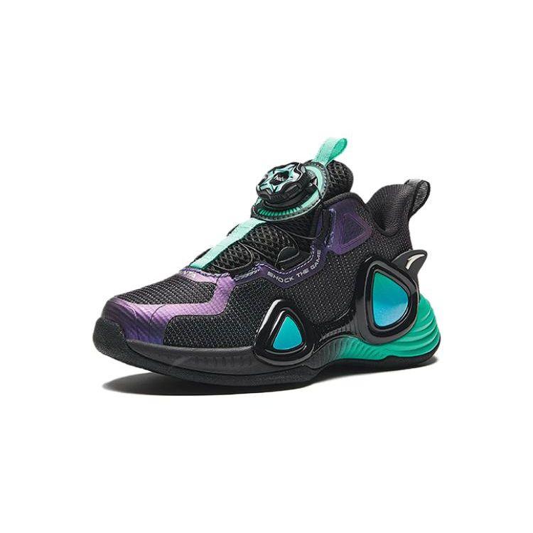 Anta Kids Magic Eye Comfortable Versatile Shock Absorbing Wear Resistant Mid Top Basketball Shoes Kids Basketball Shoes Black Purple Green 312349957-4