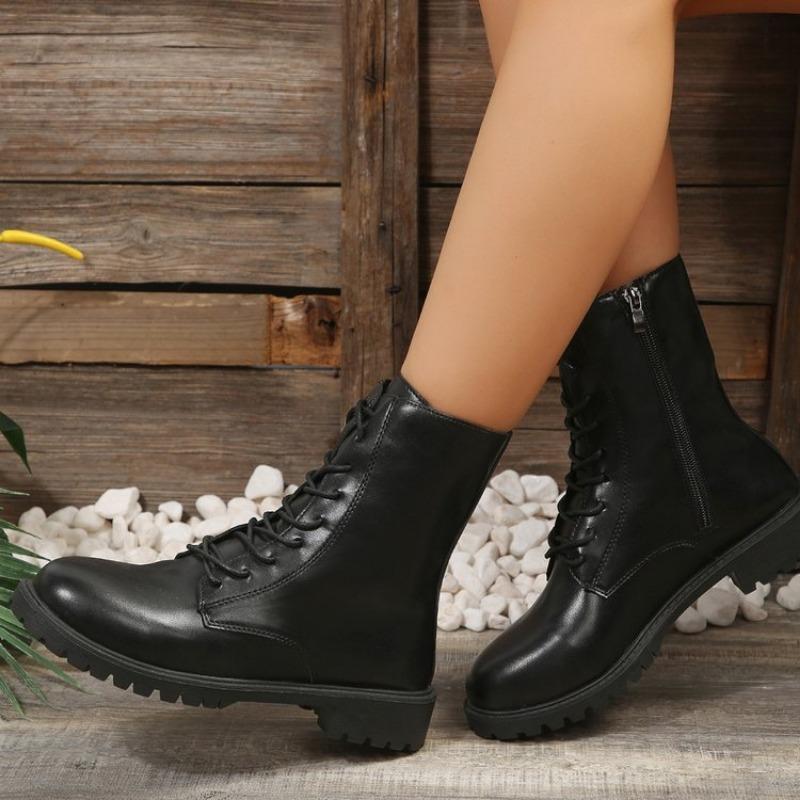 Martin-Stiefel für Damen, runde Zehenpartie, Schnürung, flache Unterseite, seitlicher Reißverschluss, kurze Damenstiefel