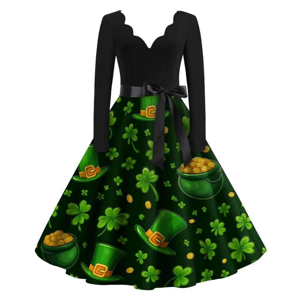 Damska Sukienka Codzienna Modna z Nadrukiem Dekolt V Retro Długi Rękaw